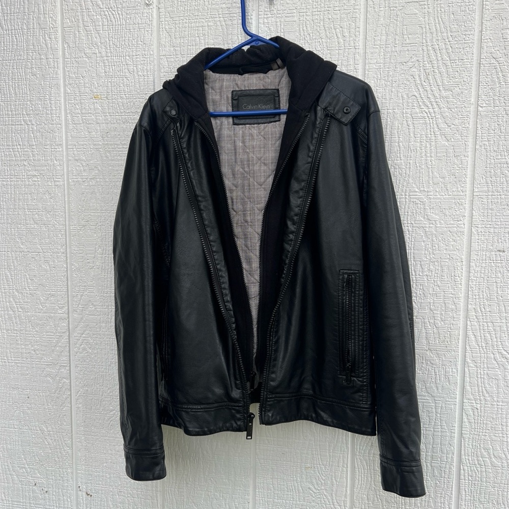 Men's Calvin Klein Black Faux Leather Bomber Coat Jacket Removable Hood Medium